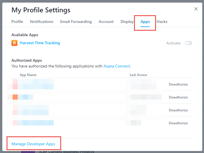 Where to find "Manage Developer Apps" in Asana's profile settings.