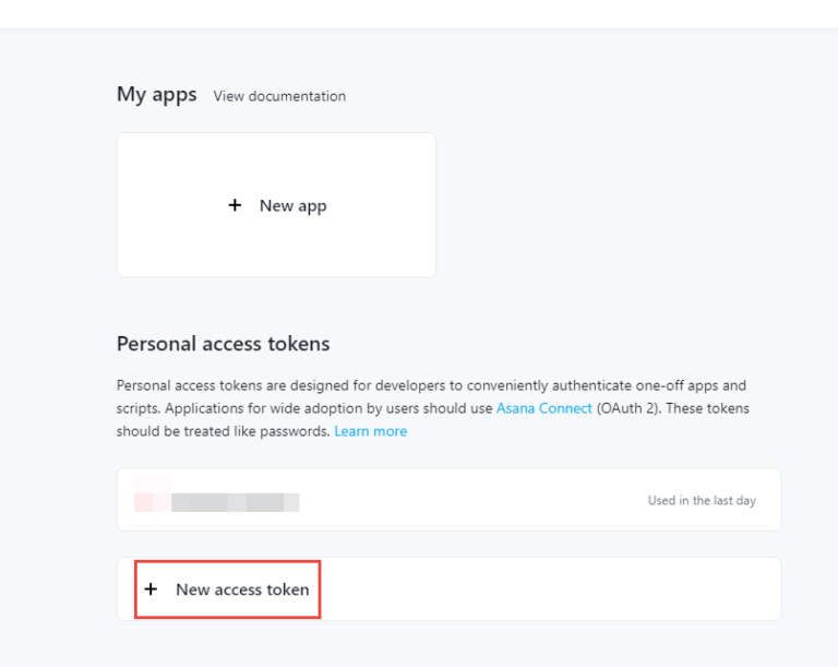 Generating a new Personal Access Token in Asana