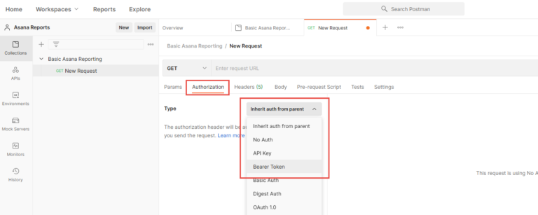 Setting up authorizations for the Asana API in Postman