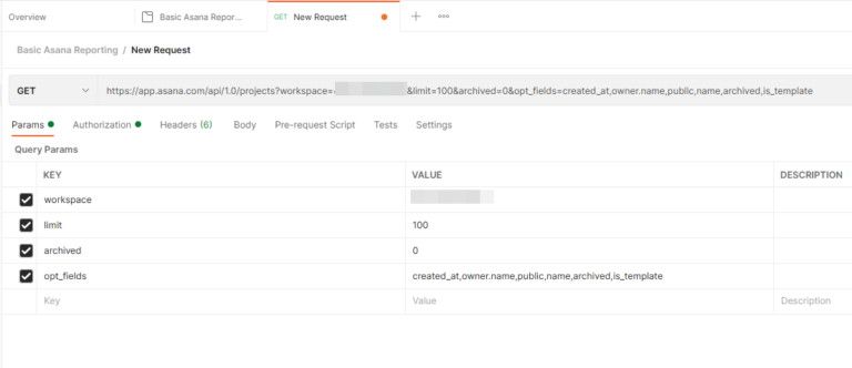 An example of a GET request for Asana's API in Postman